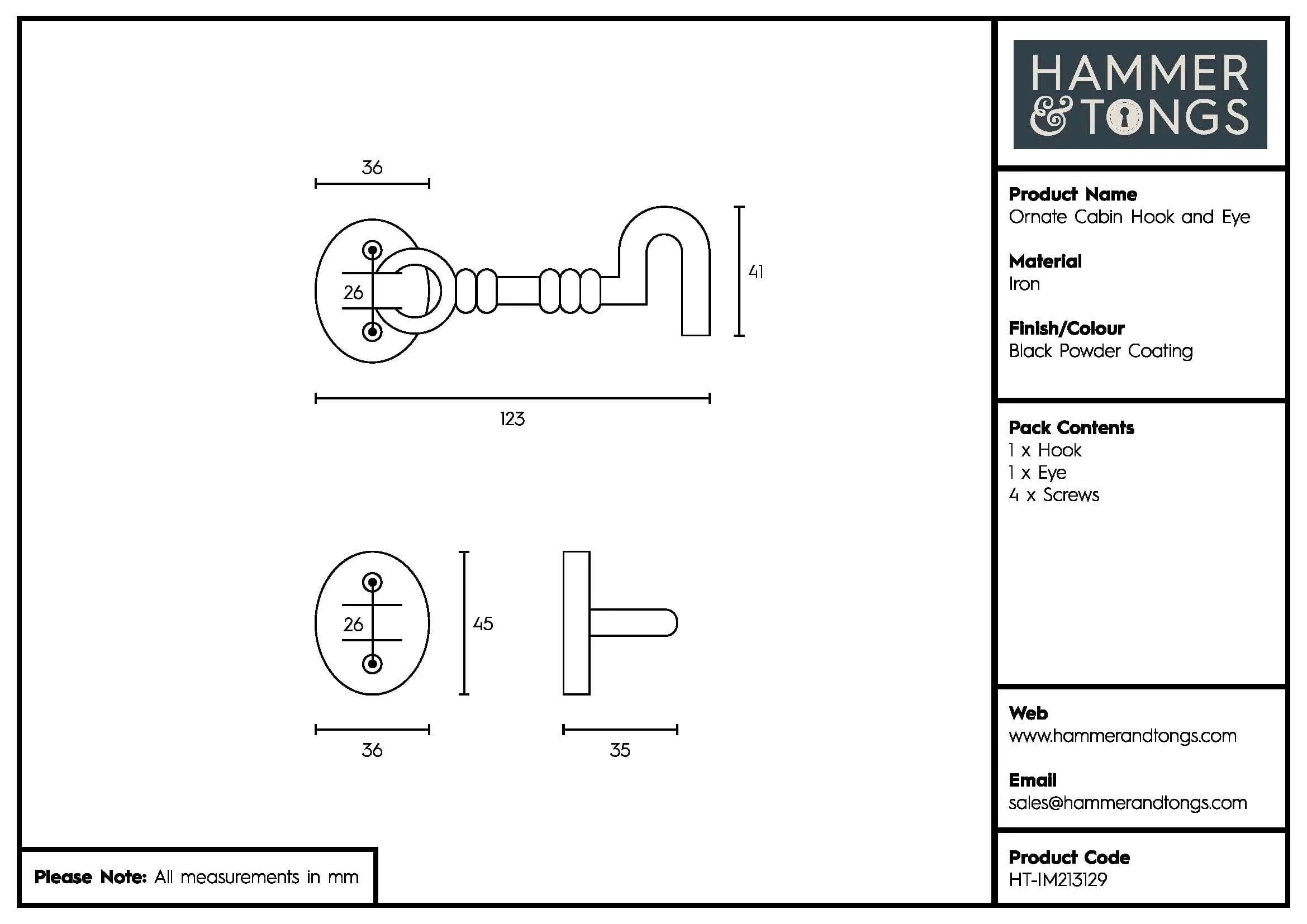 125mm Black Ornate Cabin Hook and Eye - By Hammer & Tongs