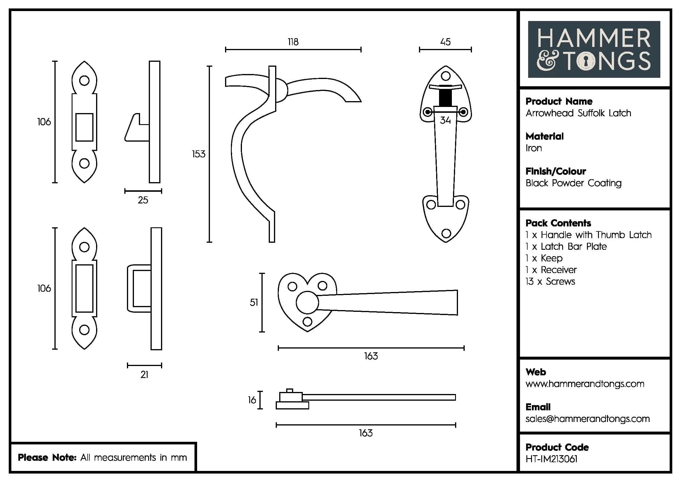 155mm Black Arrowhead Suffolk Latch - By Hammer & Tongs