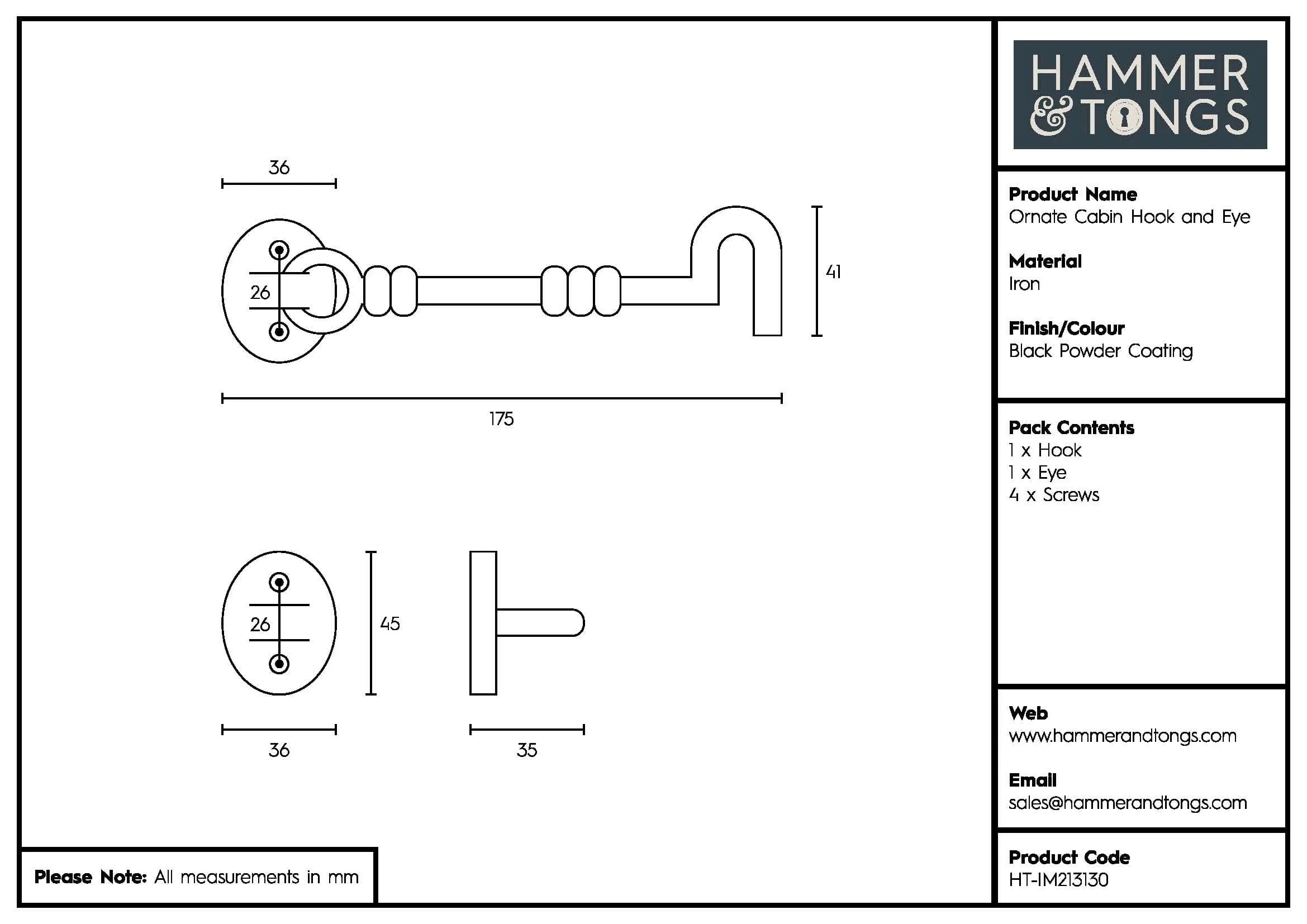 165mm Black Ornate Cabin Hook and Eye - By Hammer & Tongs