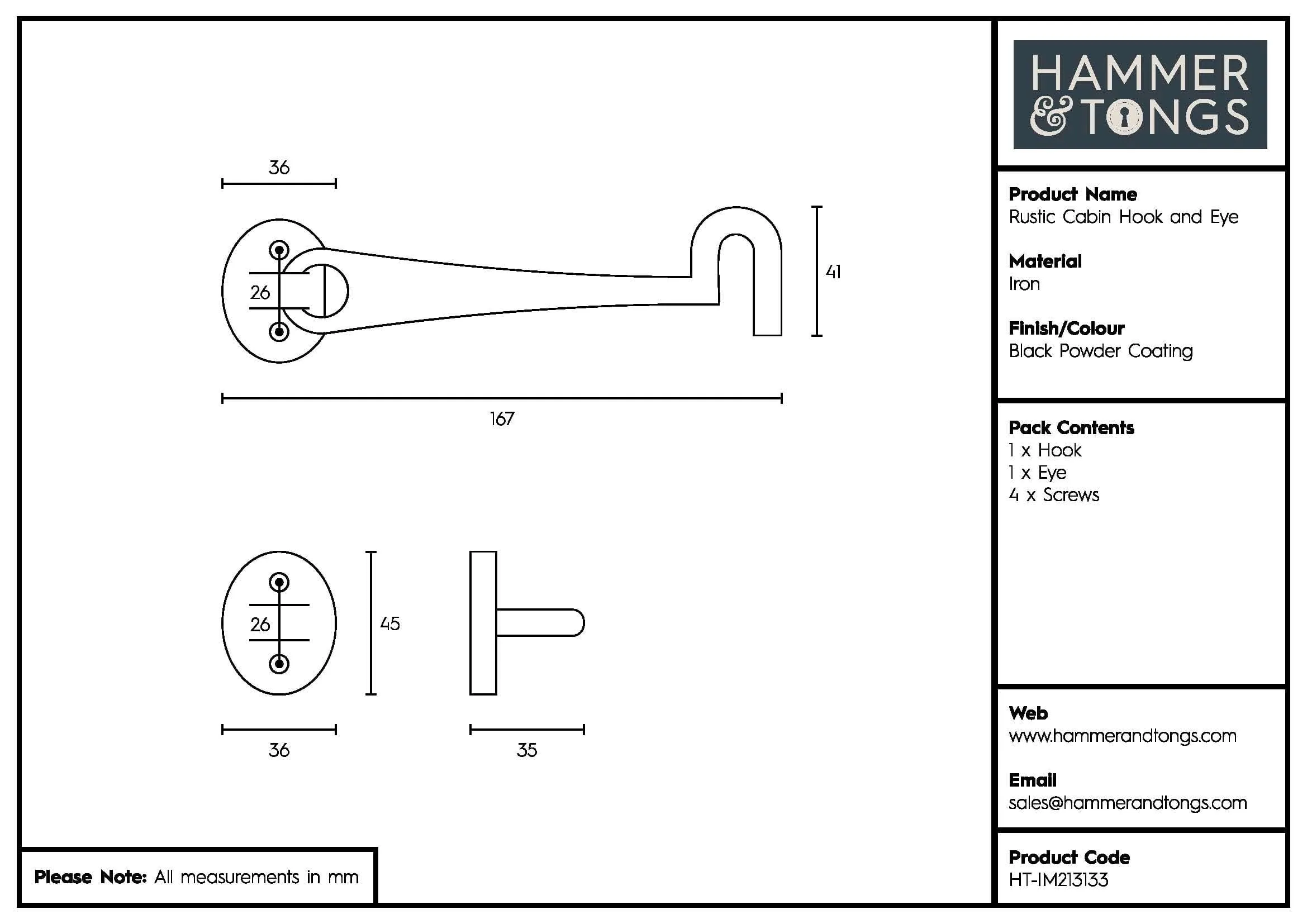 175mm Black Rustic Cabin Hook and Eye - By Hammer & Tongs