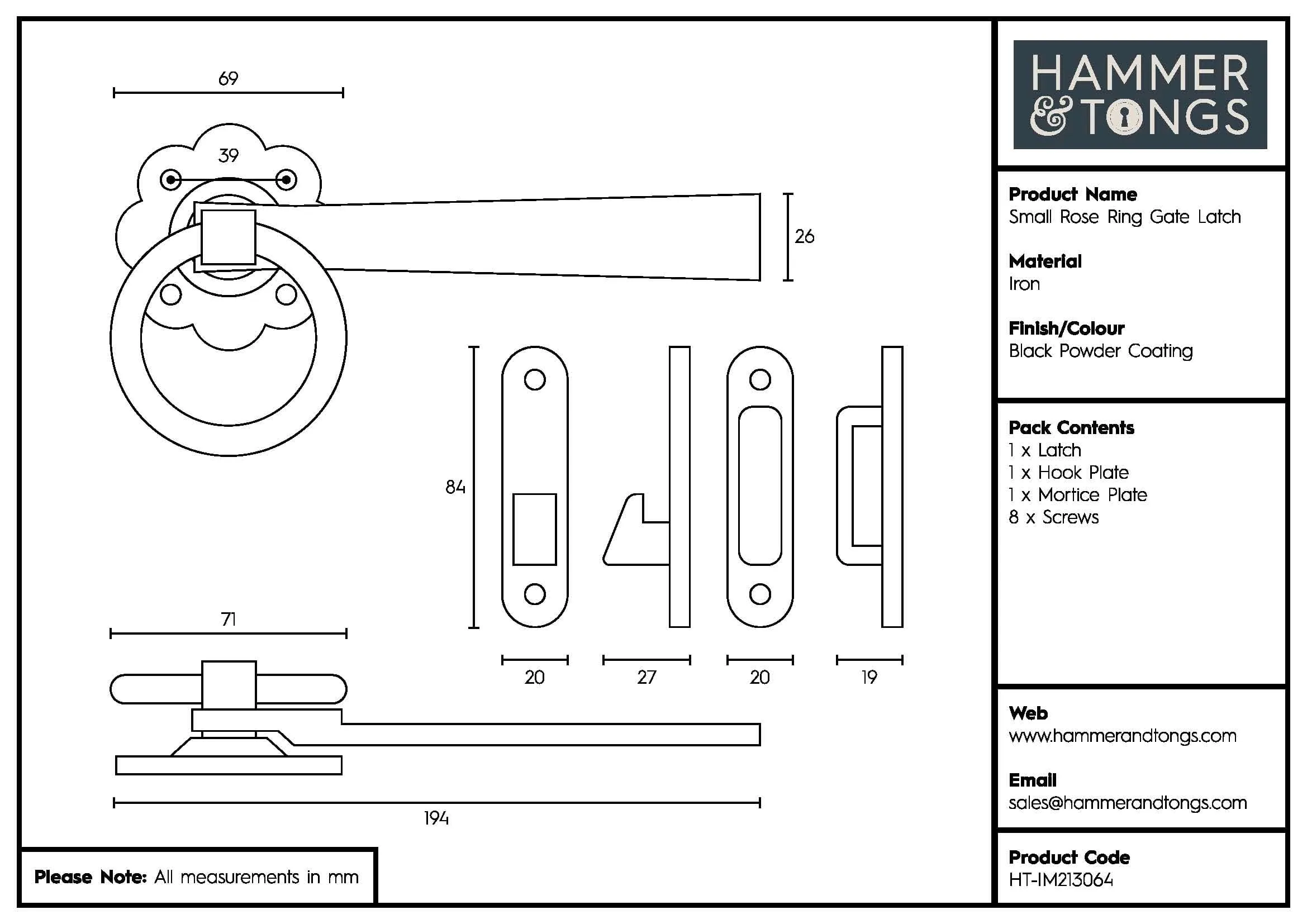 195mm Black Rose Ring Gate Latch - By Hammer & Tongs