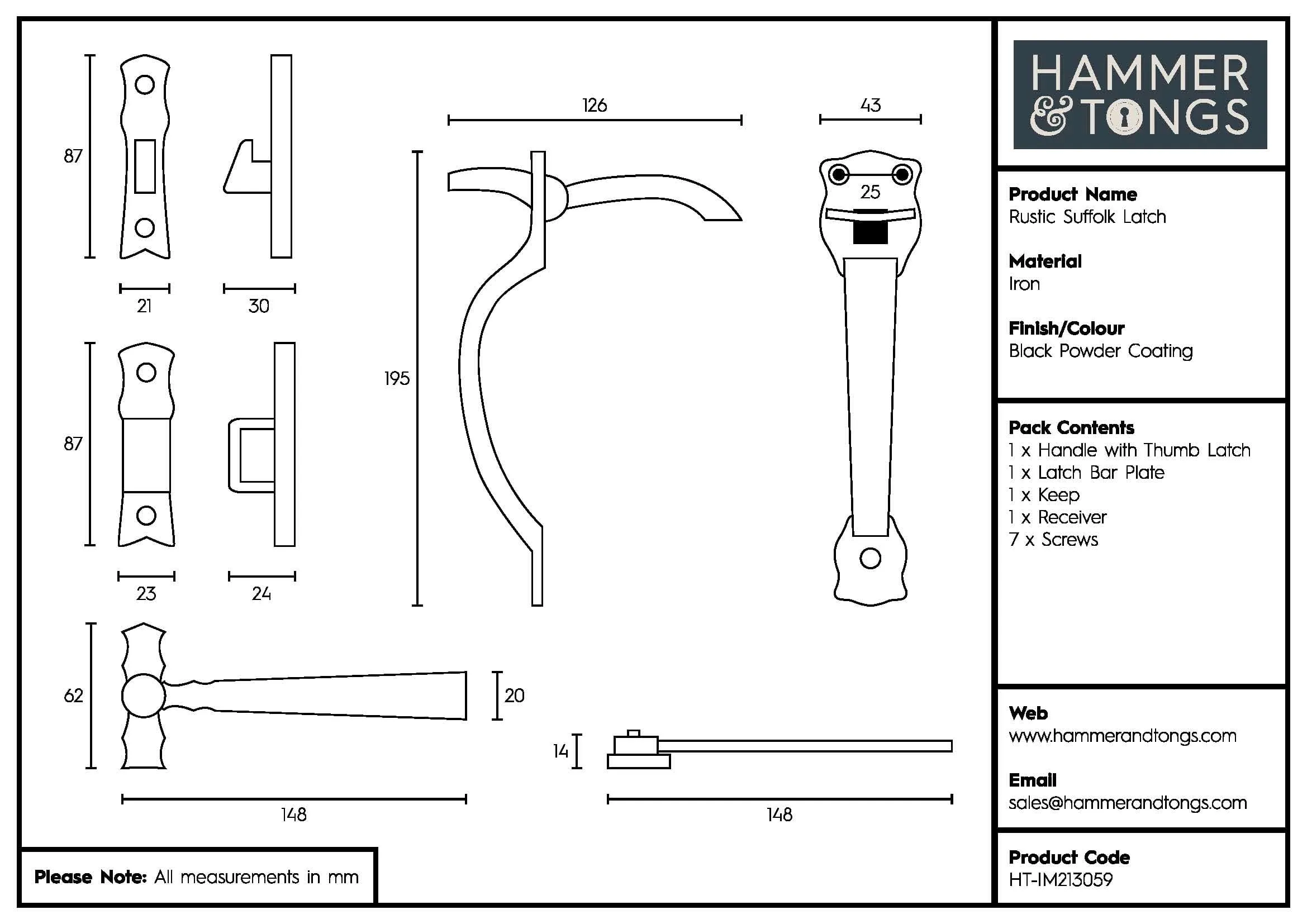 195mm Black Rustic Suffolk Latch - By Hammer & Tongs