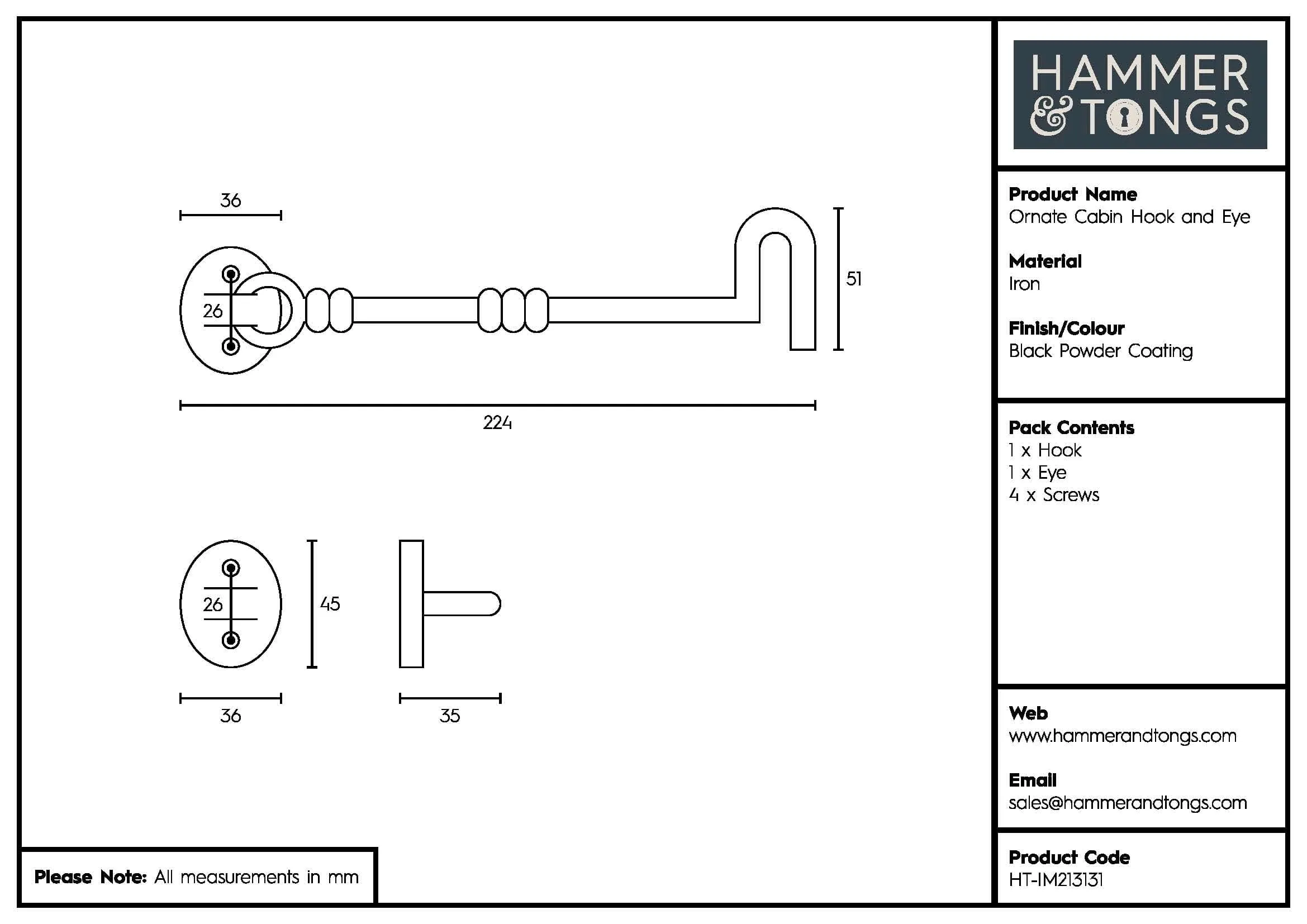 225mm Black Ornate Cabin Hook and Eye - By Hammer & Tongs