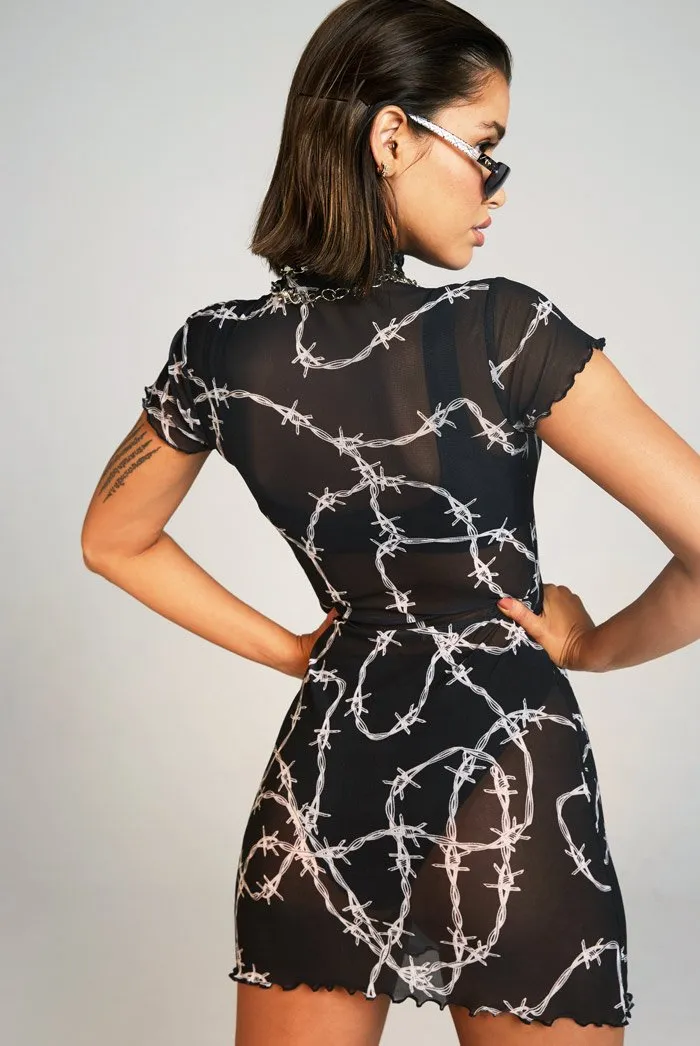 Barbed Wire Print Sheer Mini Dress