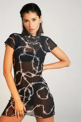 Barbed Wire Print Sheer Mini Dress