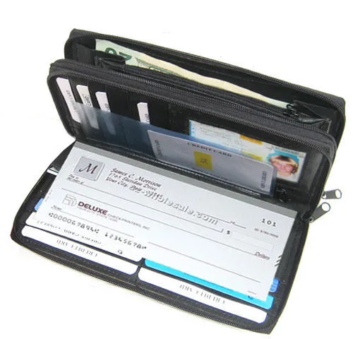 Black Genuine Leather Credit Card Checkbook Organizer Women's Clutch Wallet Zip