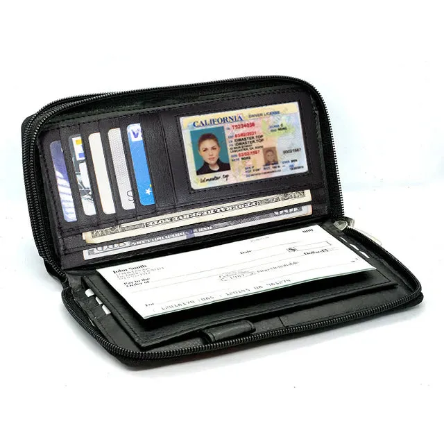 Black Genuine Leather Credit Card Checkbook Organizer Women's Clutch Wallet Zip