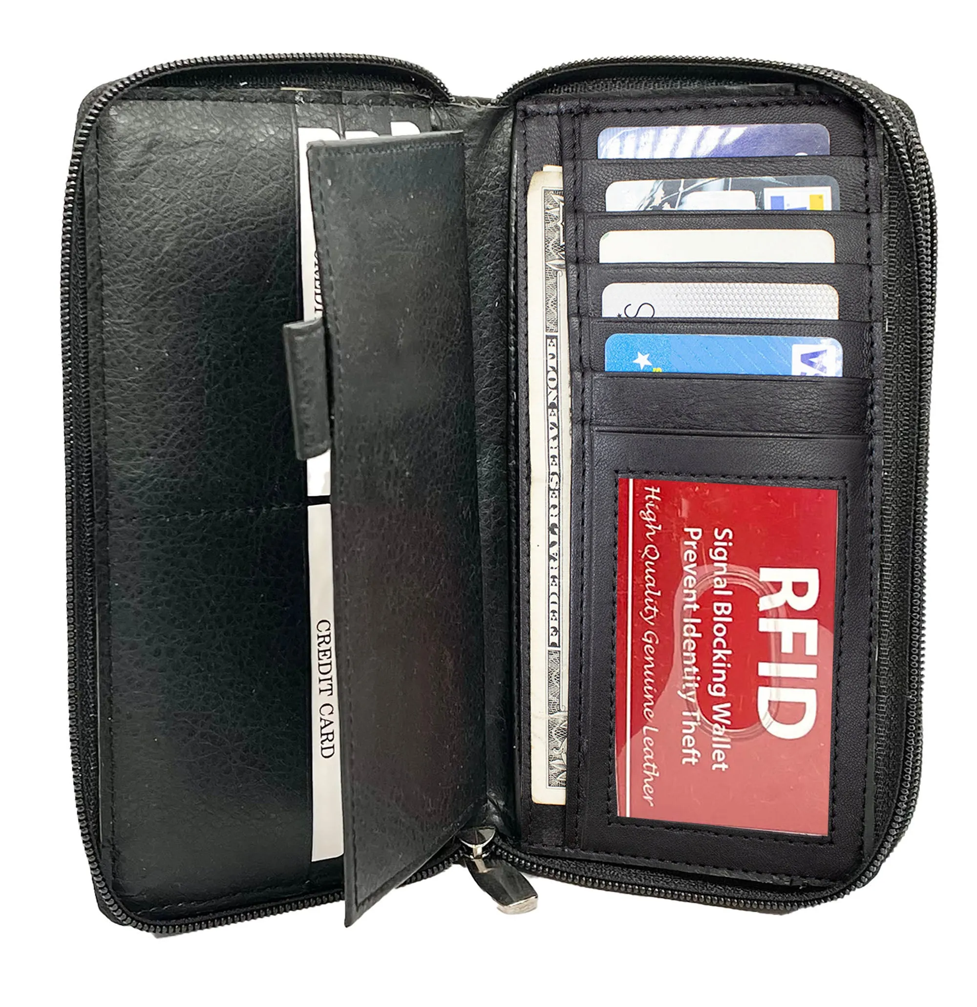 Black Genuine Leather Credit Card Checkbook Organizer Women's Clutch Wallet Zip