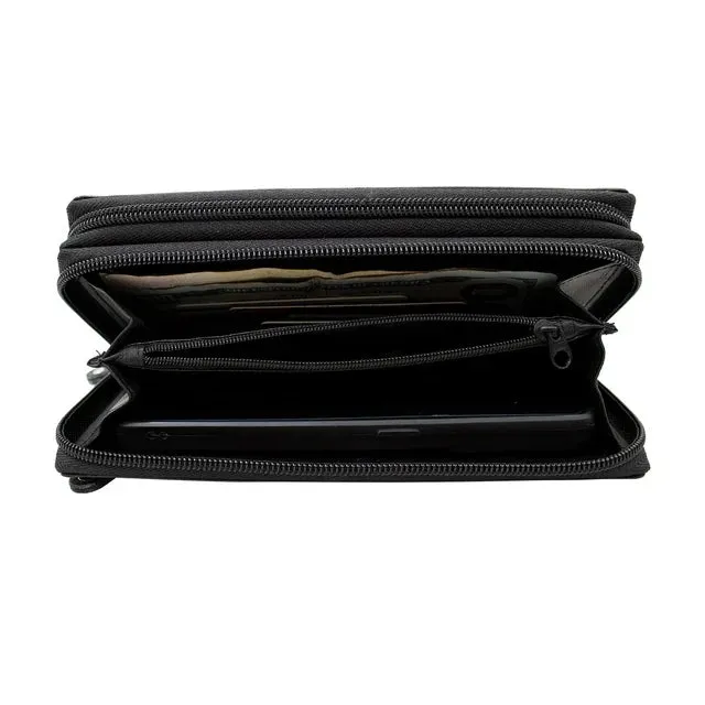Black Genuine Leather Credit Card Checkbook Organizer Women's Clutch Wallet Zip