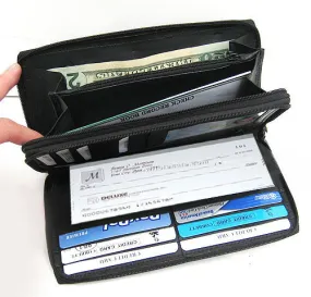 Black Genuine Leather Credit Card Checkbook Organizer Women's Clutch Wallet Zip