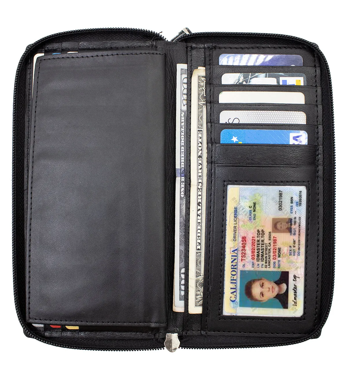 Black Genuine Leather Credit Card Checkbook Organizer Women's Clutch Wallet Zip