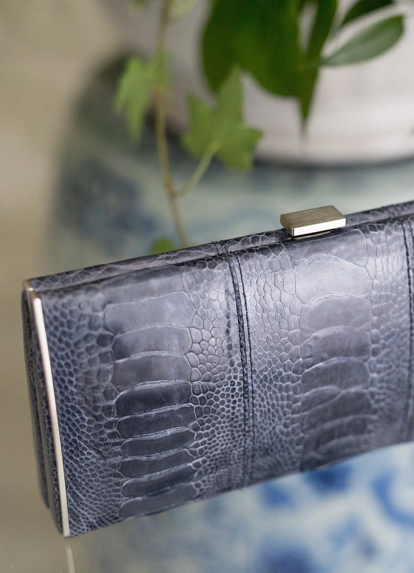 Box Wallet, Denim Blue Ostrich Sh.