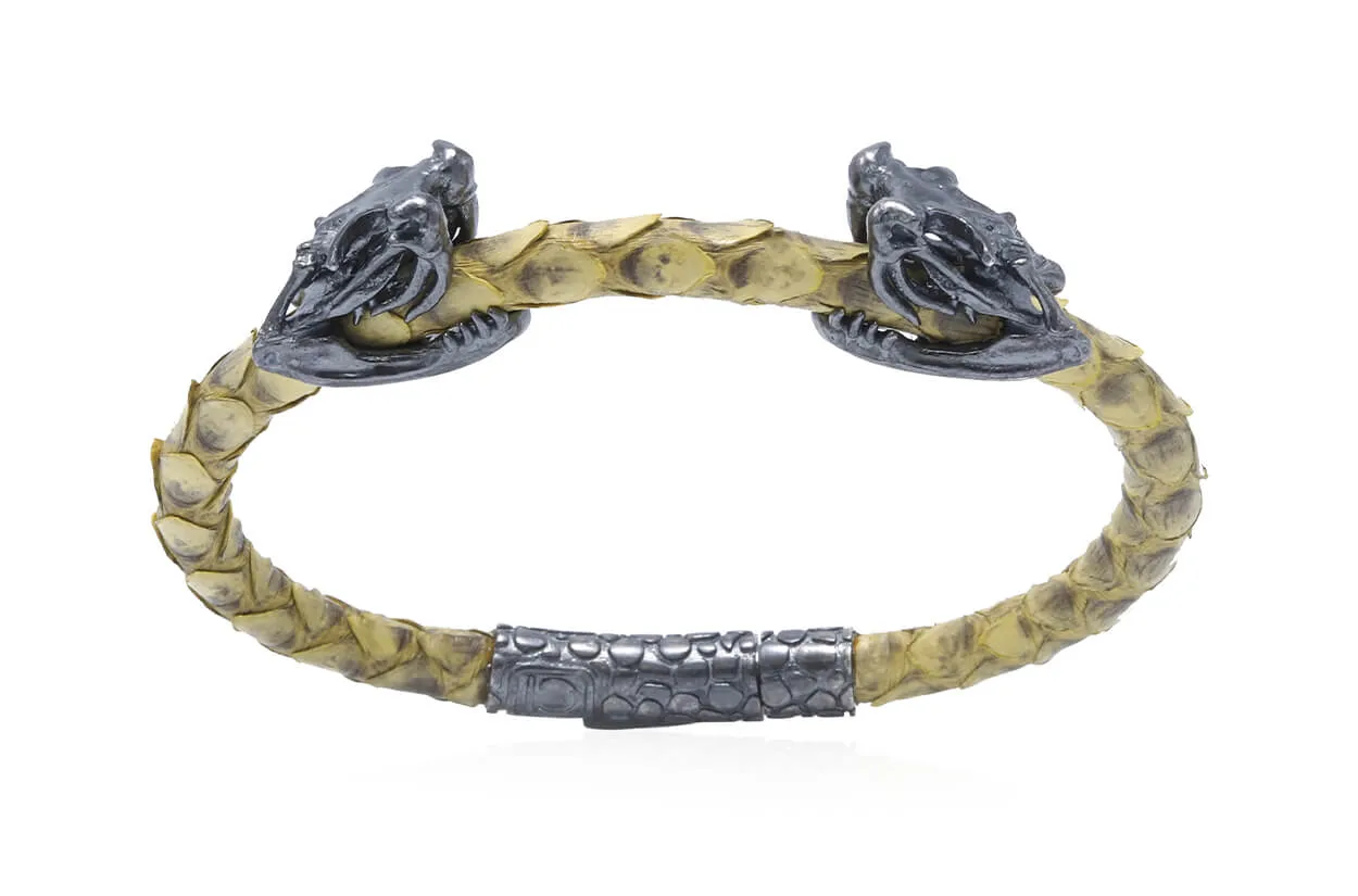 Bracelet LivingSkull Men Python Leather & Two Silver Viper Skulls