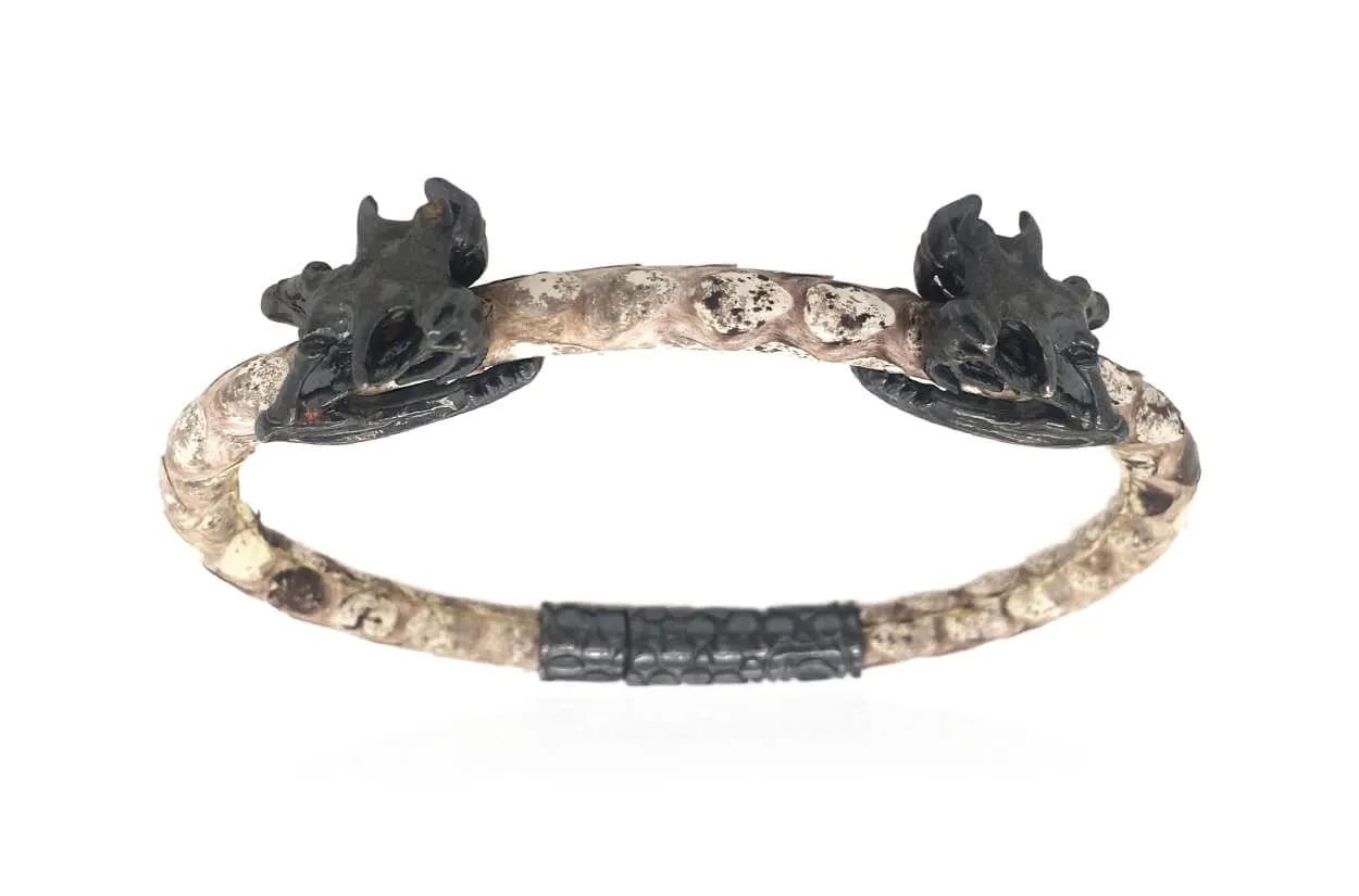 Bracelet LivingSkull Men Python Leather & Two Silver Viper Skulls