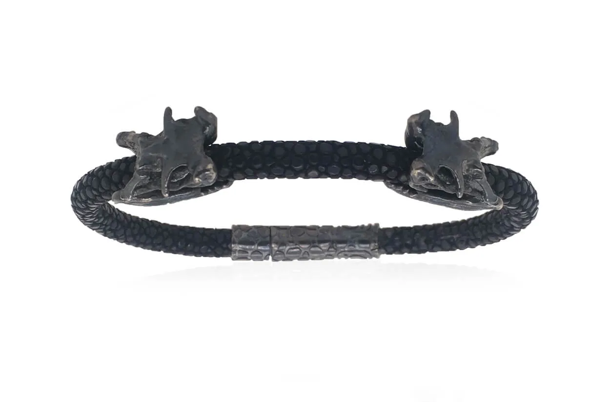 Bracelet LivingSkull Men Python Leather & Two Silver Viper Skulls