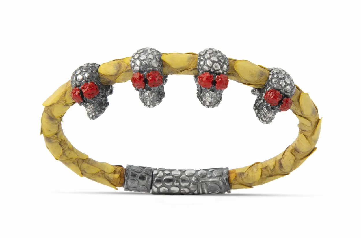 Bracelet LivingSkull Women Phyton Leather & Four Human Skulls