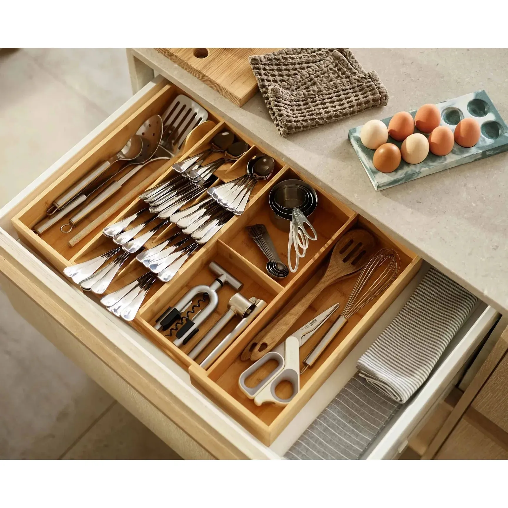 DrawerStore™ Bamboo Expanding Cutlery, Utensil & Gadgets Organizer