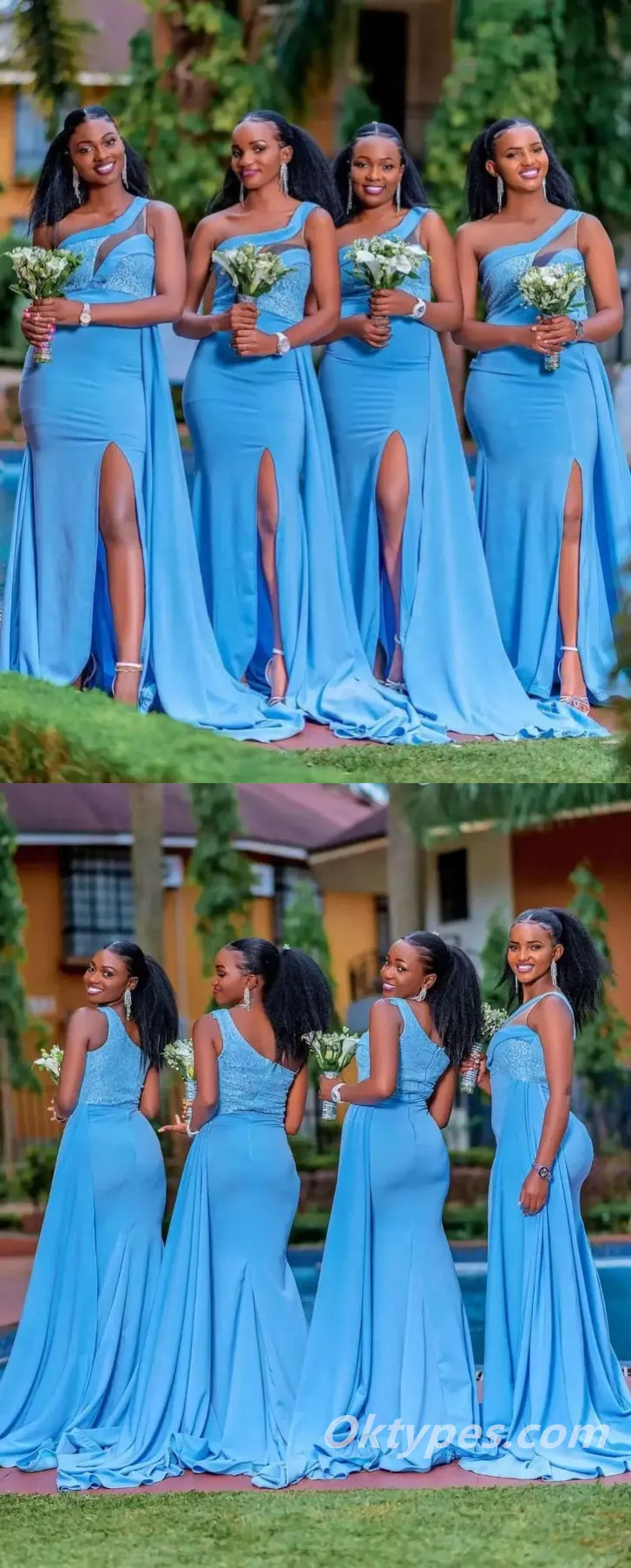 Elegant Crepe One Shoulder Side Slit Floor Length Mermaid Bridesmaid Dresses With Lace, BDS0211