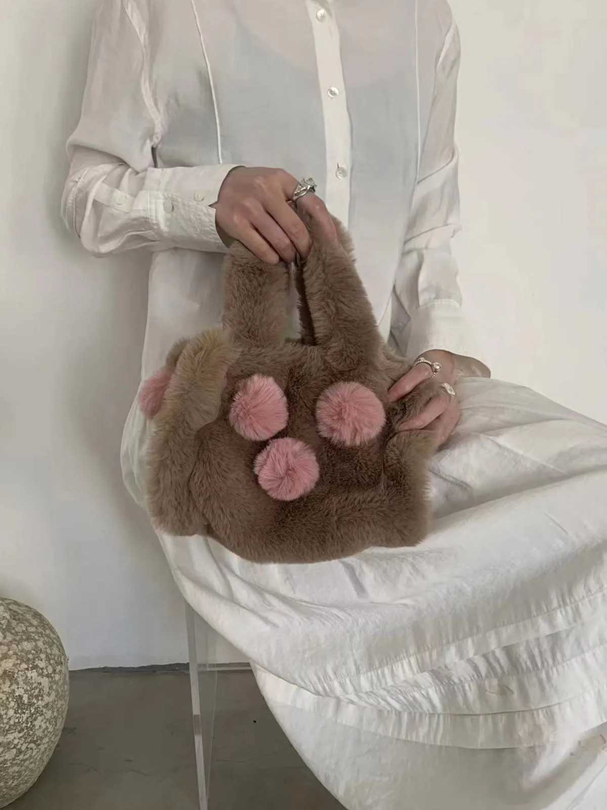 Fluffy Cute Ball Plush Tote Bags