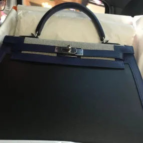 Hermès Kelly Limited Edition 32 Noir (Black)/Bleu Saphir Toile H Berline, Sellier Epsom Palladium Hardware PHW