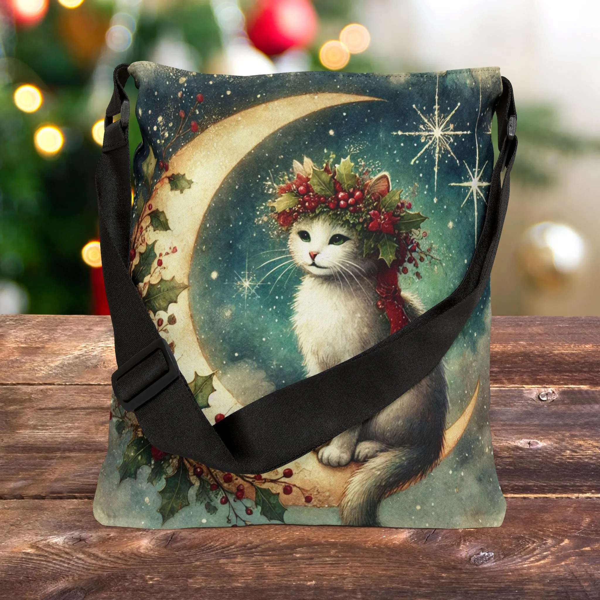 Holiday Moon - Cat Lover - Adjustable Strap Tote Bag