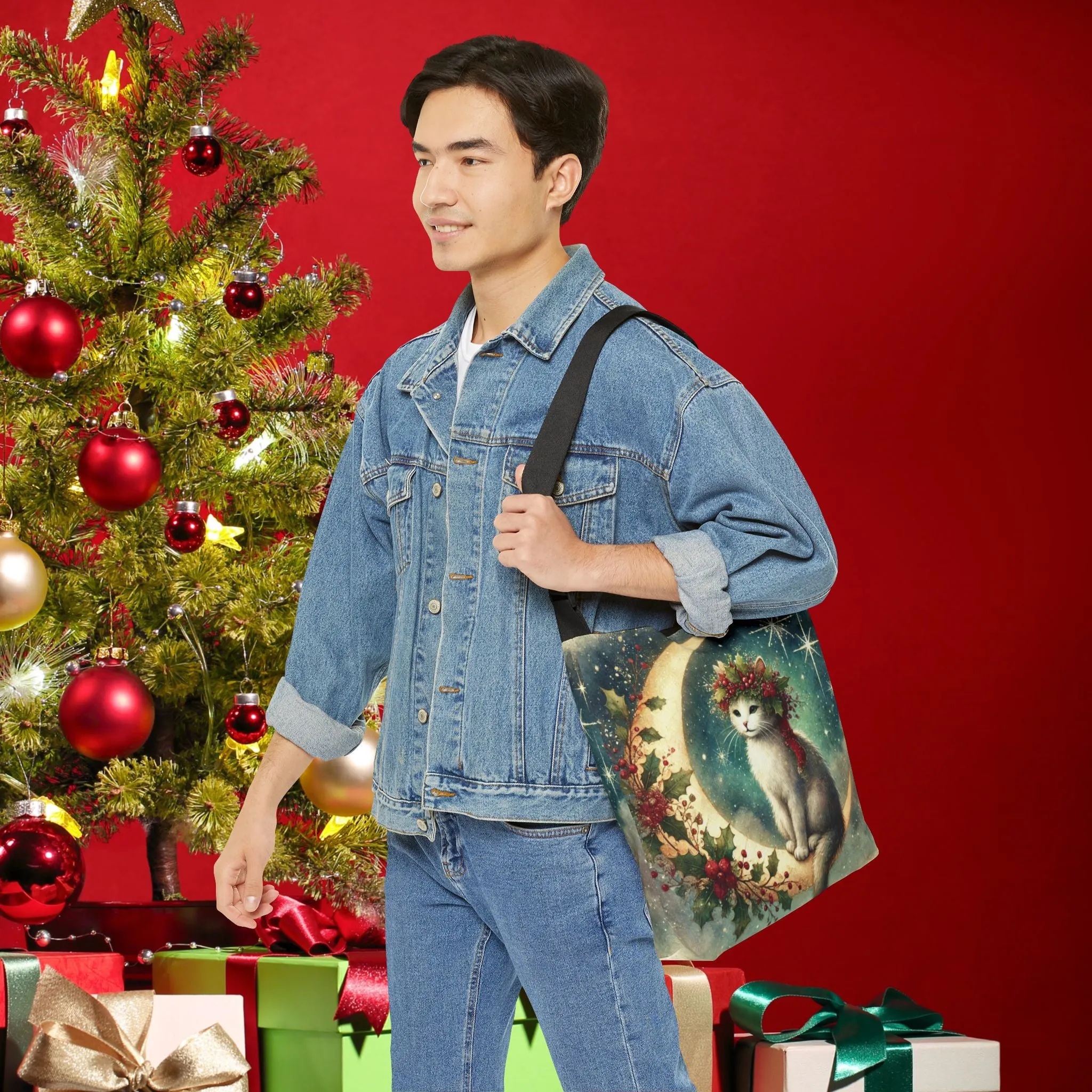 Holiday Moon - Cat Lover - Adjustable Strap Tote Bag