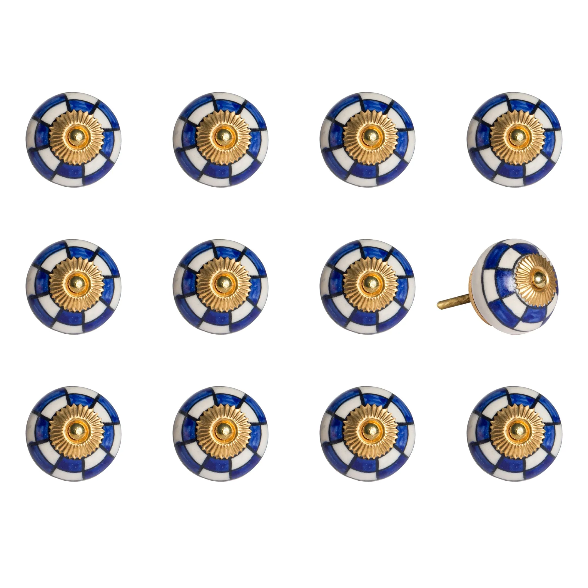 Knob-It Home Decor Classic Cabinet & Drawer Knobs-White/Blue Checker/Gold