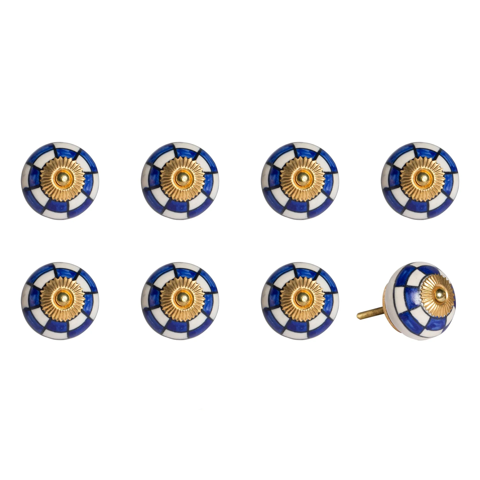 Knob-It Home Decor Classic Cabinet & Drawer Knobs-White/Blue Checker/Gold