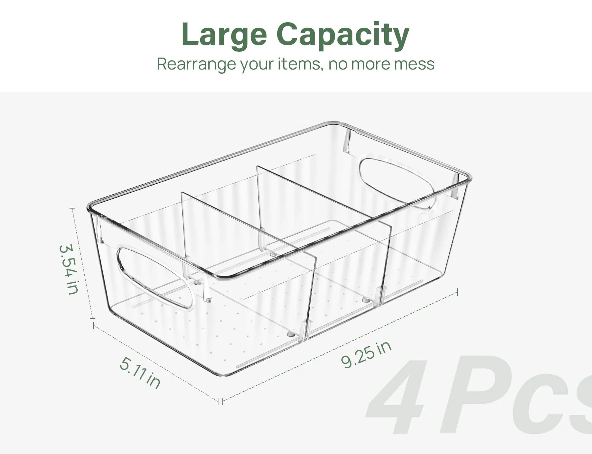 Kootek 4 Pack Clear Pantry Organization and Storage Bins, Freezer Organizer Bins Stackable Food Storage Organizer Bins with Handles Removable Dividers for Kitchen, Refrigerator, Cabinet