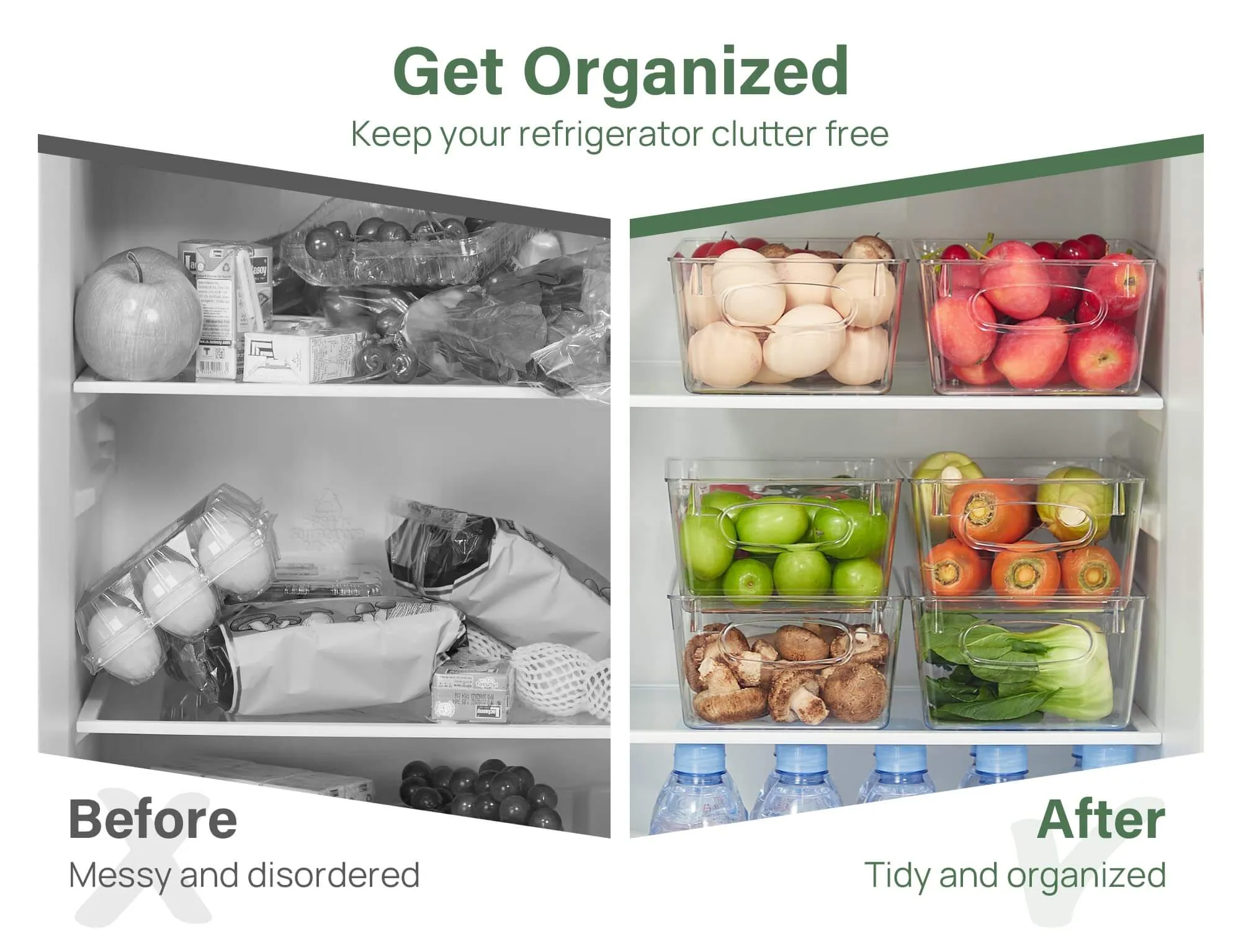 Kootek 4 Pack Clear Pantry Organization and Storage Bins, Freezer Organizer Bins Stackable Food Storage Organizer Bins with Handles Removable Dividers for Kitchen, Refrigerator, Cabinet