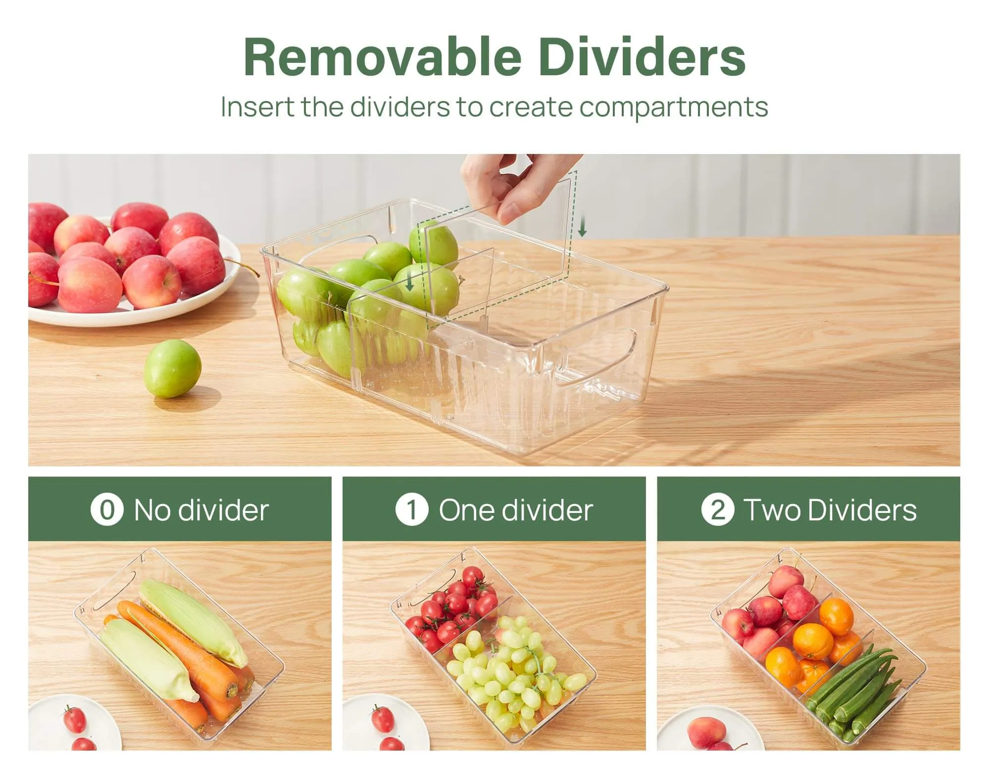 Kootek 4 Pack Clear Pantry Organization and Storage Bins, Freezer Organizer Bins Stackable Food Storage Organizer Bins with Handles Removable Dividers for Kitchen, Refrigerator, Cabinet