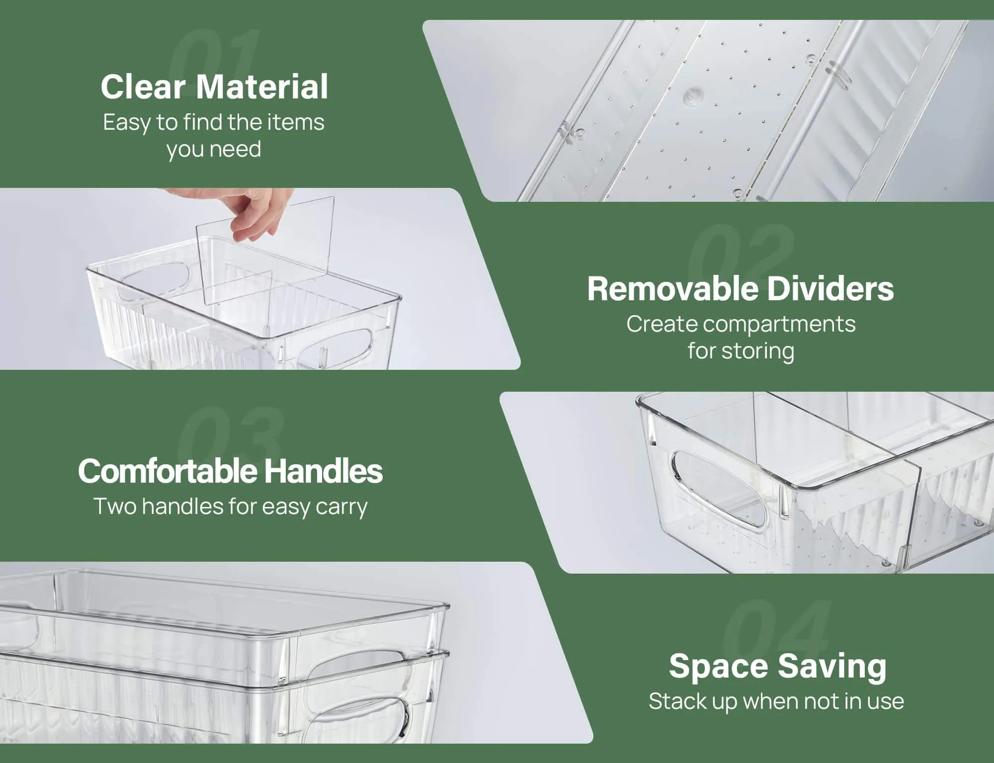 Kootek 4 Pack Clear Pantry Organization and Storage Bins, Freezer Organizer Bins Stackable Food Storage Organizer Bins with Handles Removable Dividers for Kitchen, Refrigerator, Cabinet