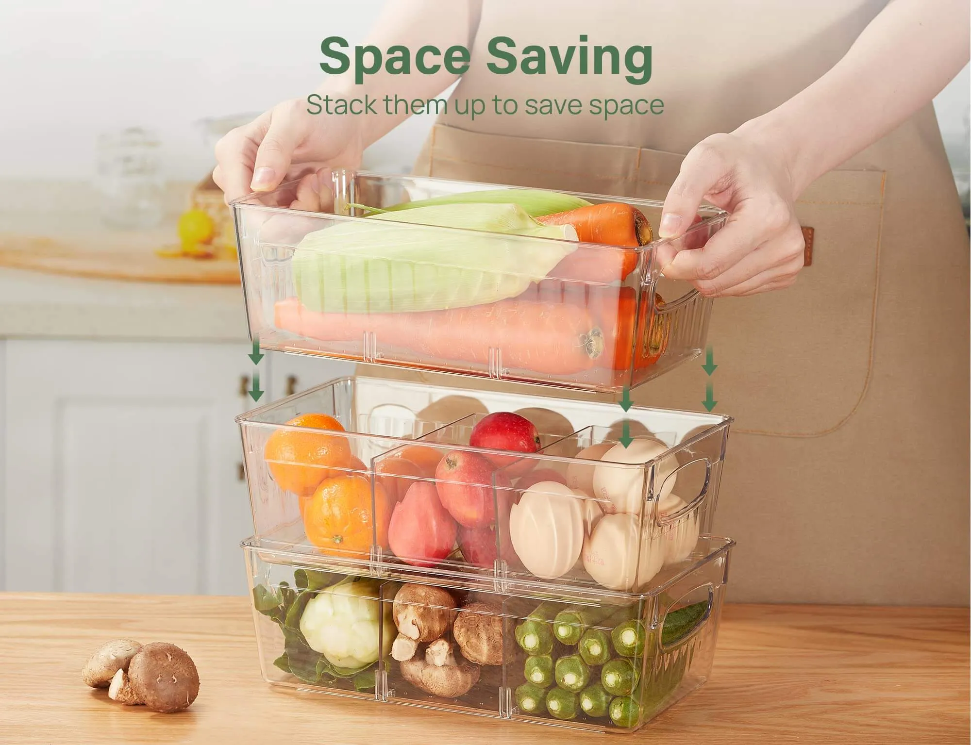 Kootek 4 Pack Clear Pantry Organization and Storage Bins, Freezer Organizer Bins Stackable Food Storage Organizer Bins with Handles Removable Dividers for Kitchen, Refrigerator, Cabinet