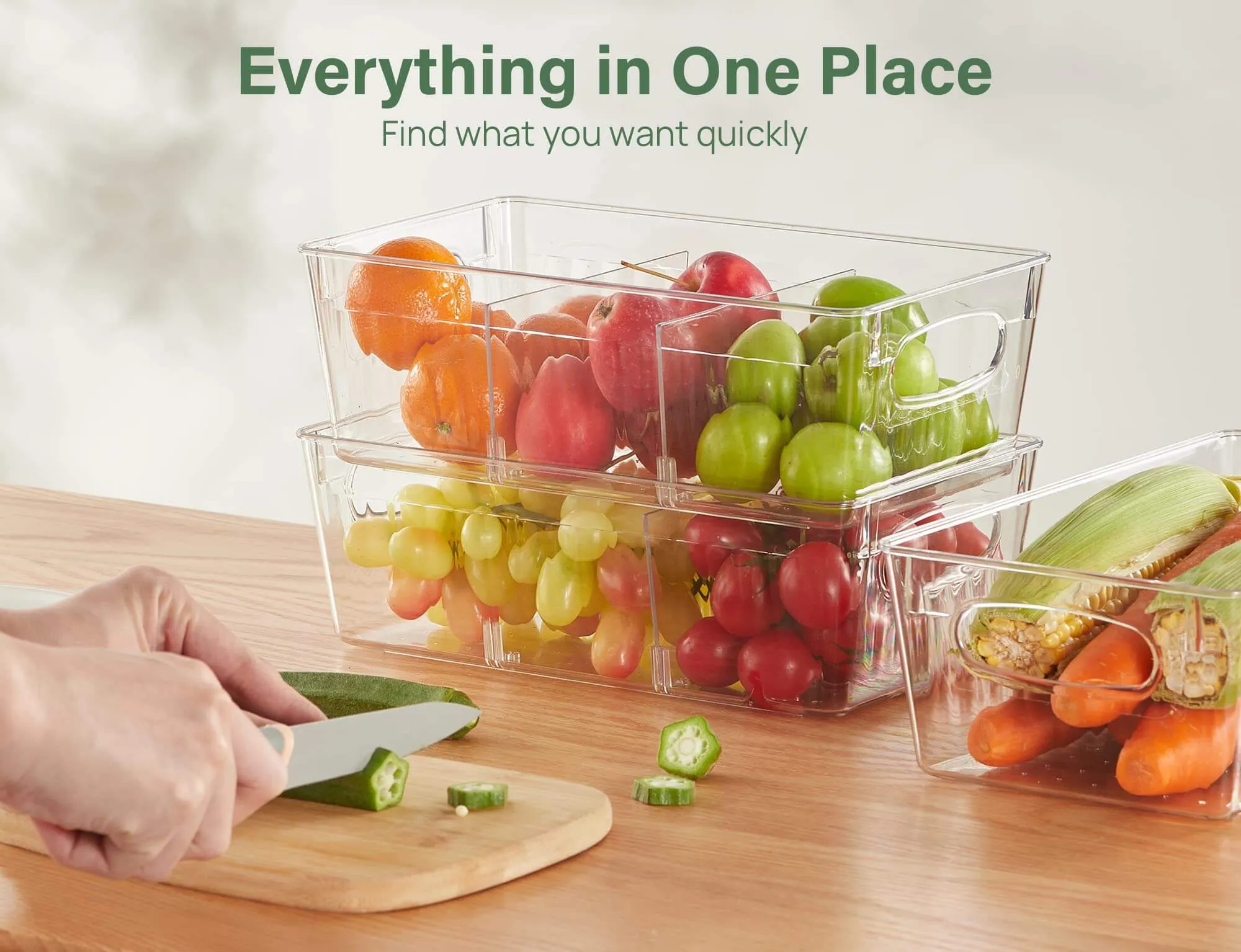 Kootek 4 Pack Clear Pantry Organization and Storage Bins, Freezer Organizer Bins Stackable Food Storage Organizer Bins with Handles Removable Dividers for Kitchen, Refrigerator, Cabinet