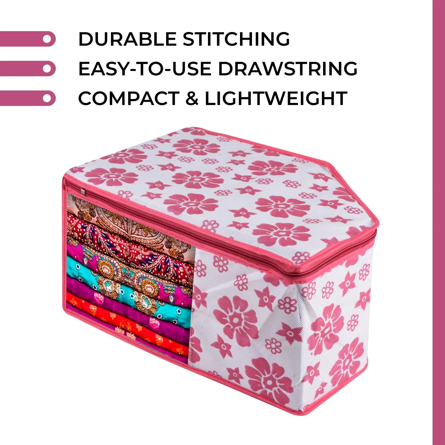 Kuber Industries Blouse Cover | Clothes Storage Bag | Zipper Wardrobe Organizers | Non-Woven Clothes Organiser | Side Transparent Blouse Organizer | Flower-Design | Pack of 9 | Pink