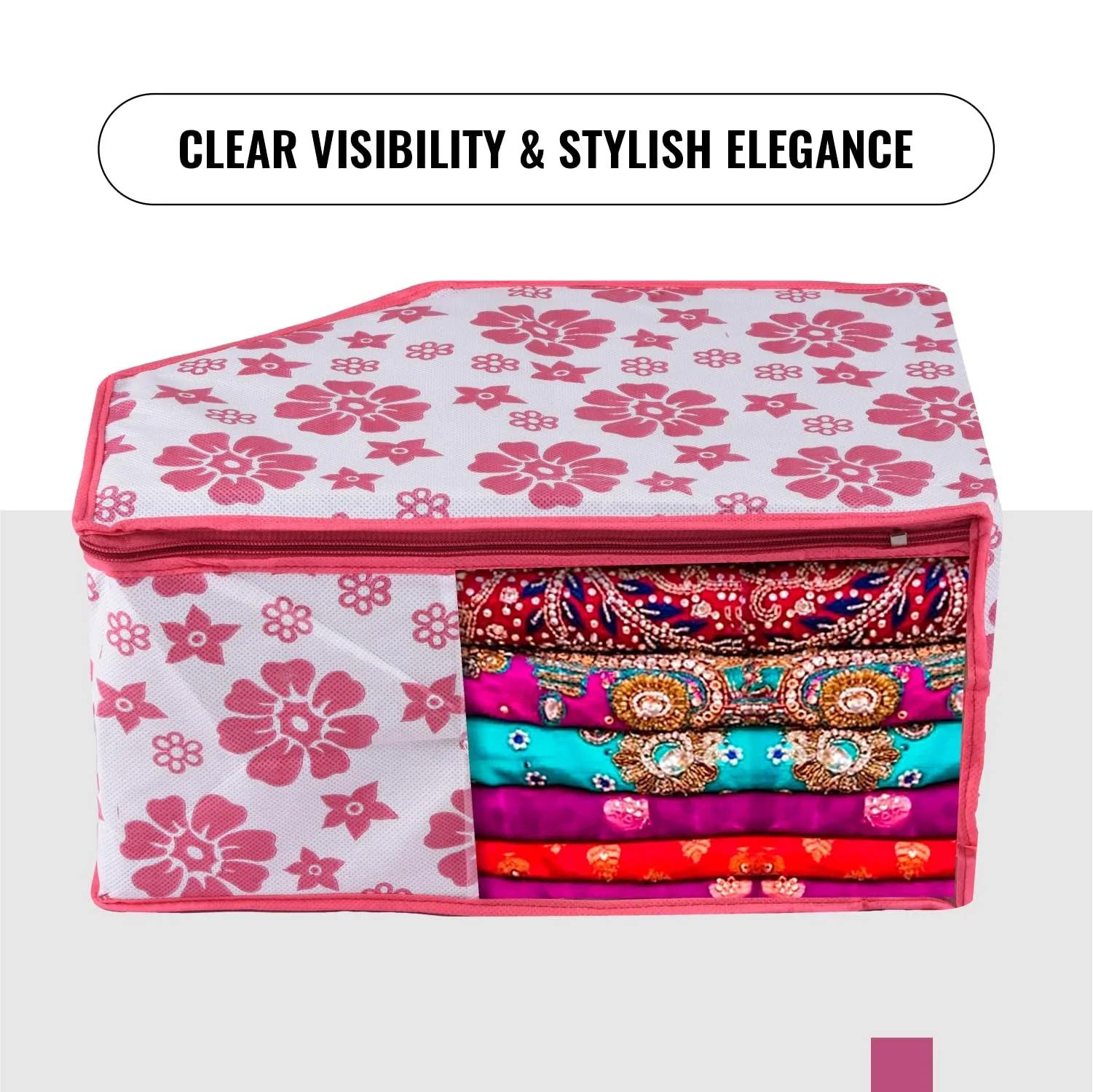 Kuber Industries Blouse Cover | Clothes Storage Bag | Zipper Wardrobe Organizers | Non-Woven Clothes Organiser | Side Transparent Blouse Organizer | Flower-Design | Pack of 9 | Pink