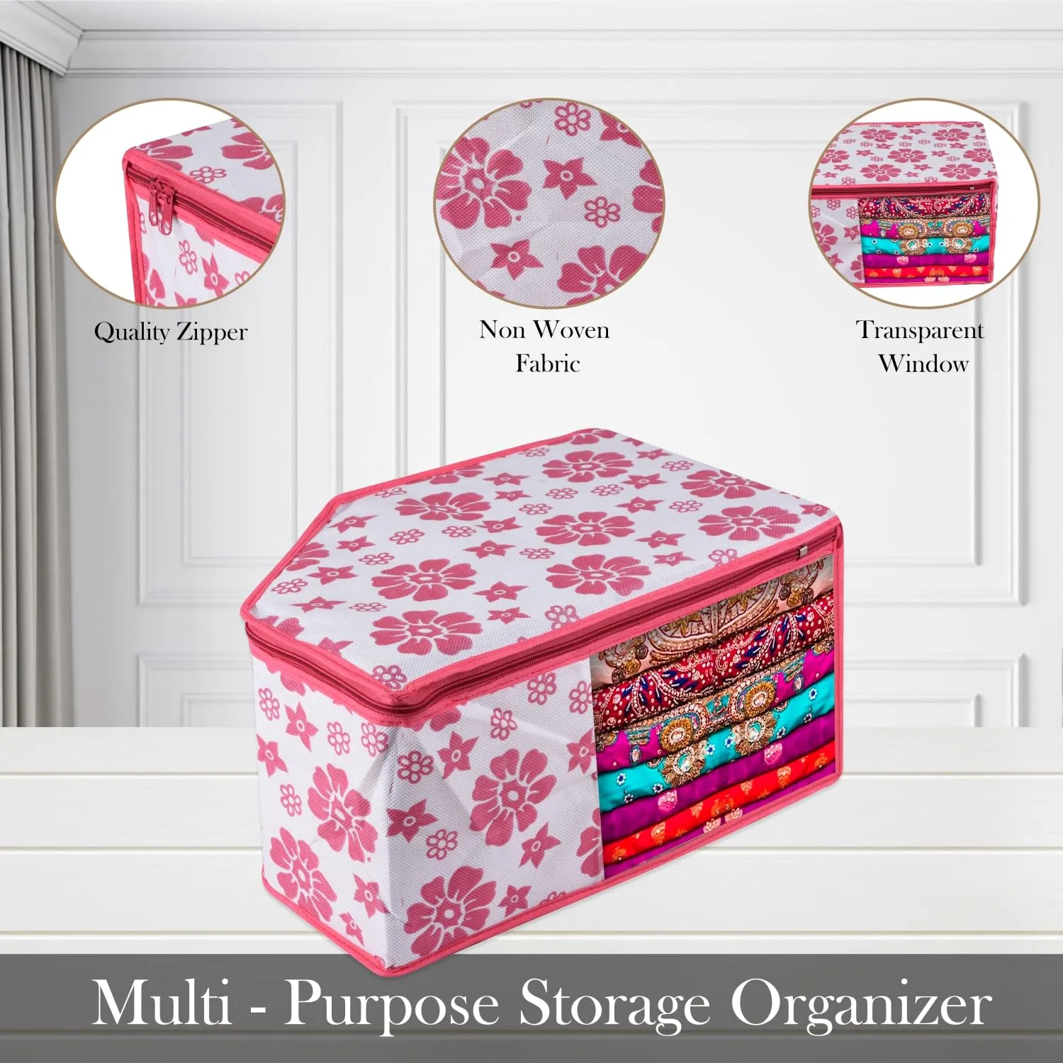 Kuber Industries Blouse Cover | Clothes Storage Bag | Zipper Wardrobe Organizers | Non-Woven Clothes Organiser | Side Transparent Blouse Organizer | Flower-Design | Pack of 9 | Pink