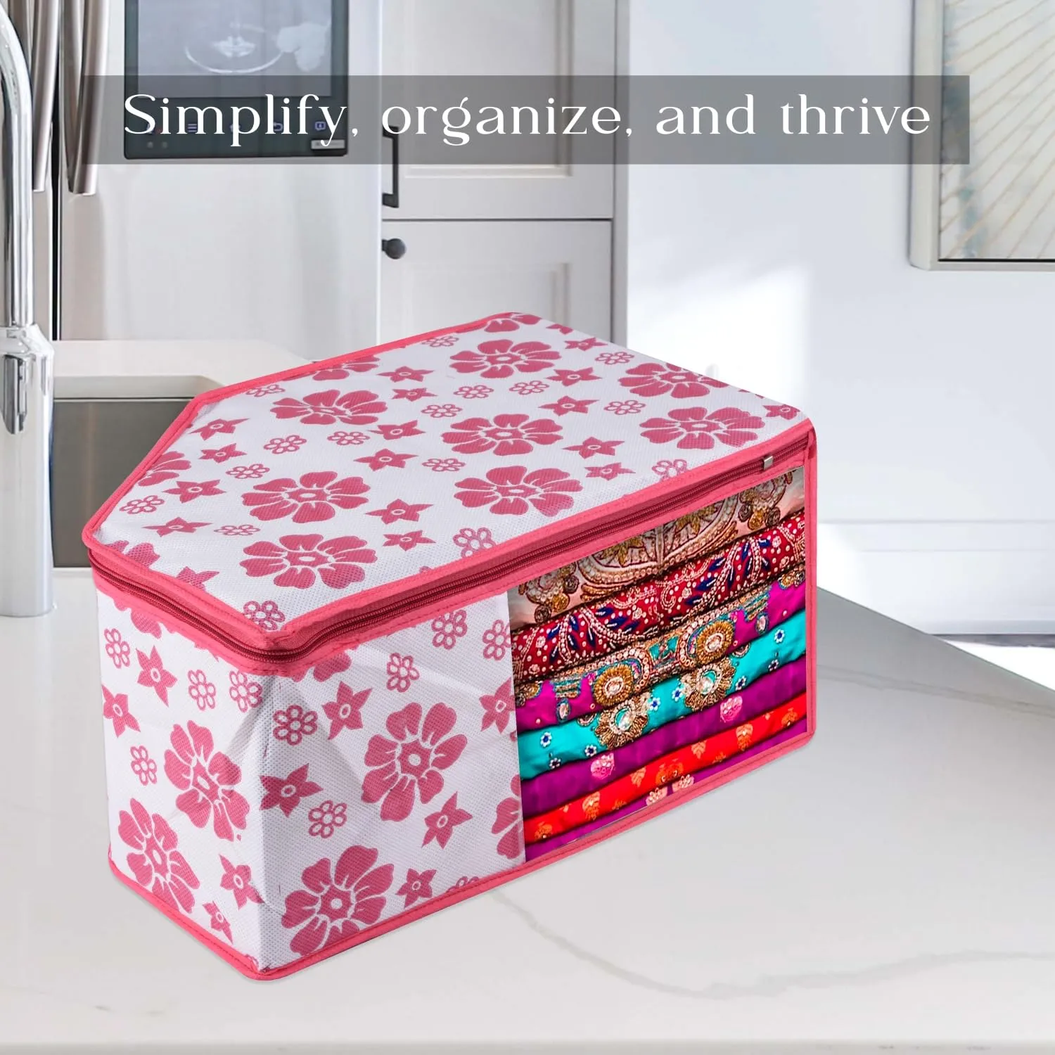 Kuber Industries Blouse Cover | Clothes Storage Bag | Zipper Wardrobe Organizers | Non-Woven Clothes Organiser | Side Transparent Blouse Organizer | Flower-Design | Pack of 9 | Pink