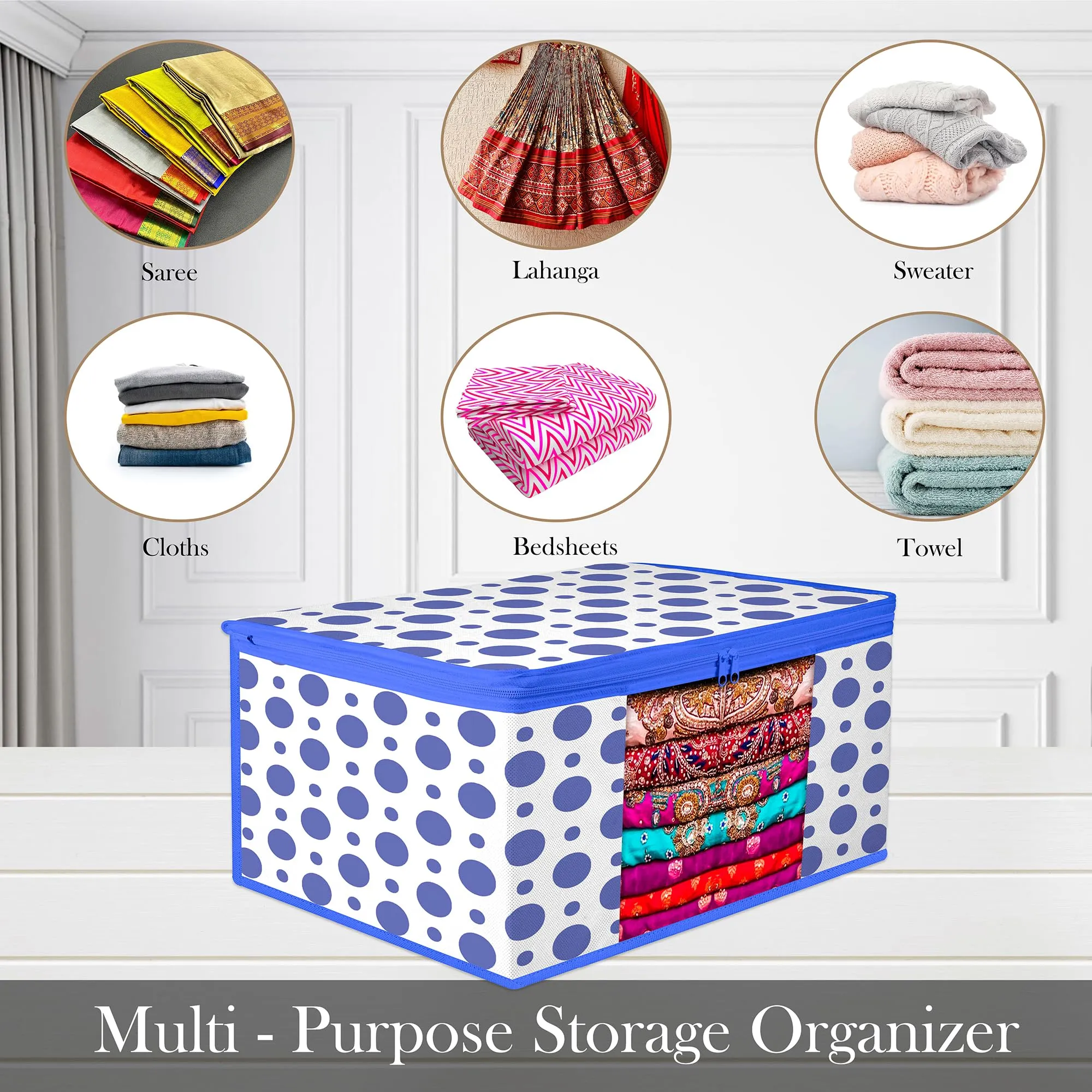 Kuber Industries Saree Cover & Blouse Cover Set | Saree & Blouse Organizer Combo Set | 3 Pieces Blouse & 3 Pieces Saree Cover Set | Zipper Closure | Dot-Design | Set of 6 | Blue