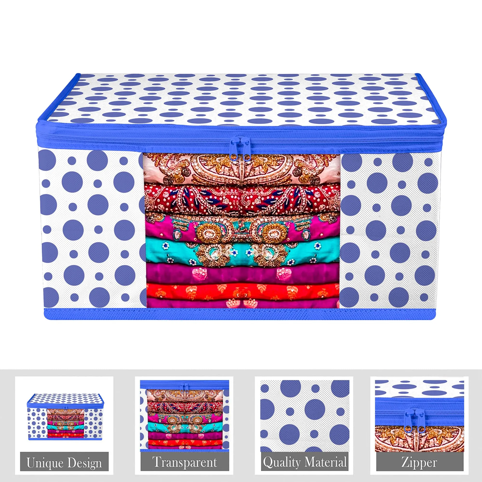 Kuber Industries Saree Cover & Blouse Cover Set | Saree & Blouse Organizer Combo Set | 3 Pieces Blouse & 3 Pieces Saree Cover Set | Zipper Closure | Dot-Design | Set of 6 | Blue
