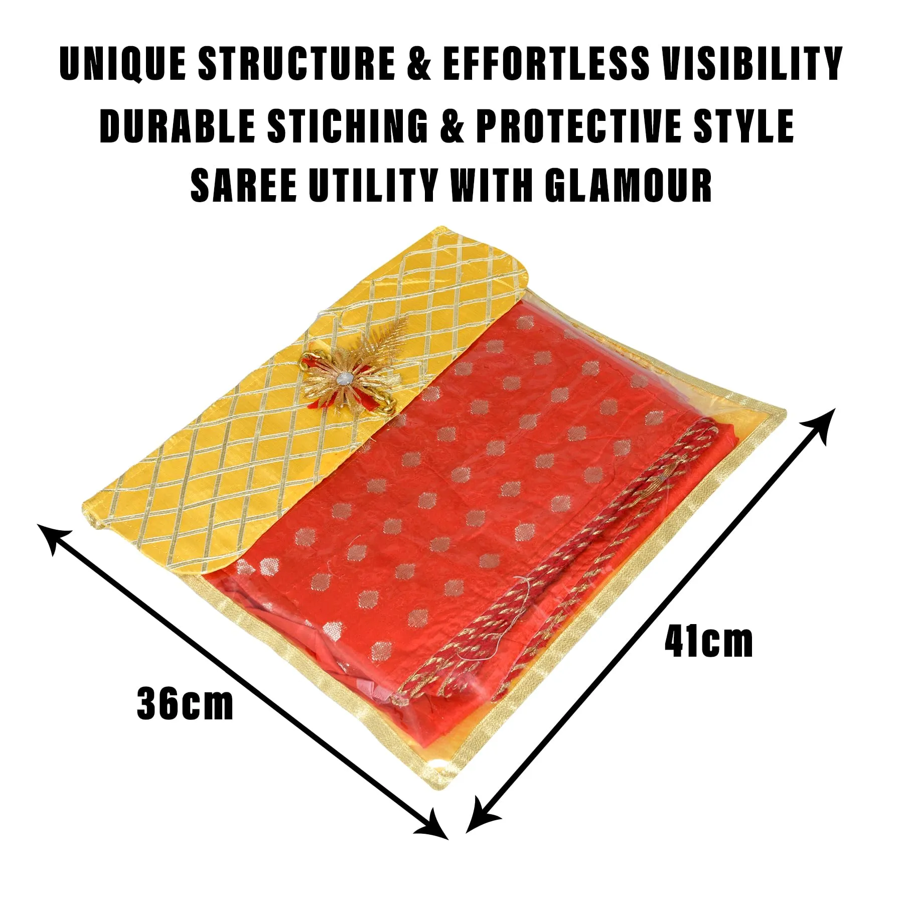 Kuber Industries Saree Cover | Clothes Storage Bag | Single Packing Saree with Velcro | Wardrobe Organizer | Cloth Stoarge Organizer | Check Jama Brooch-Design | Pack of 9 | Yellow