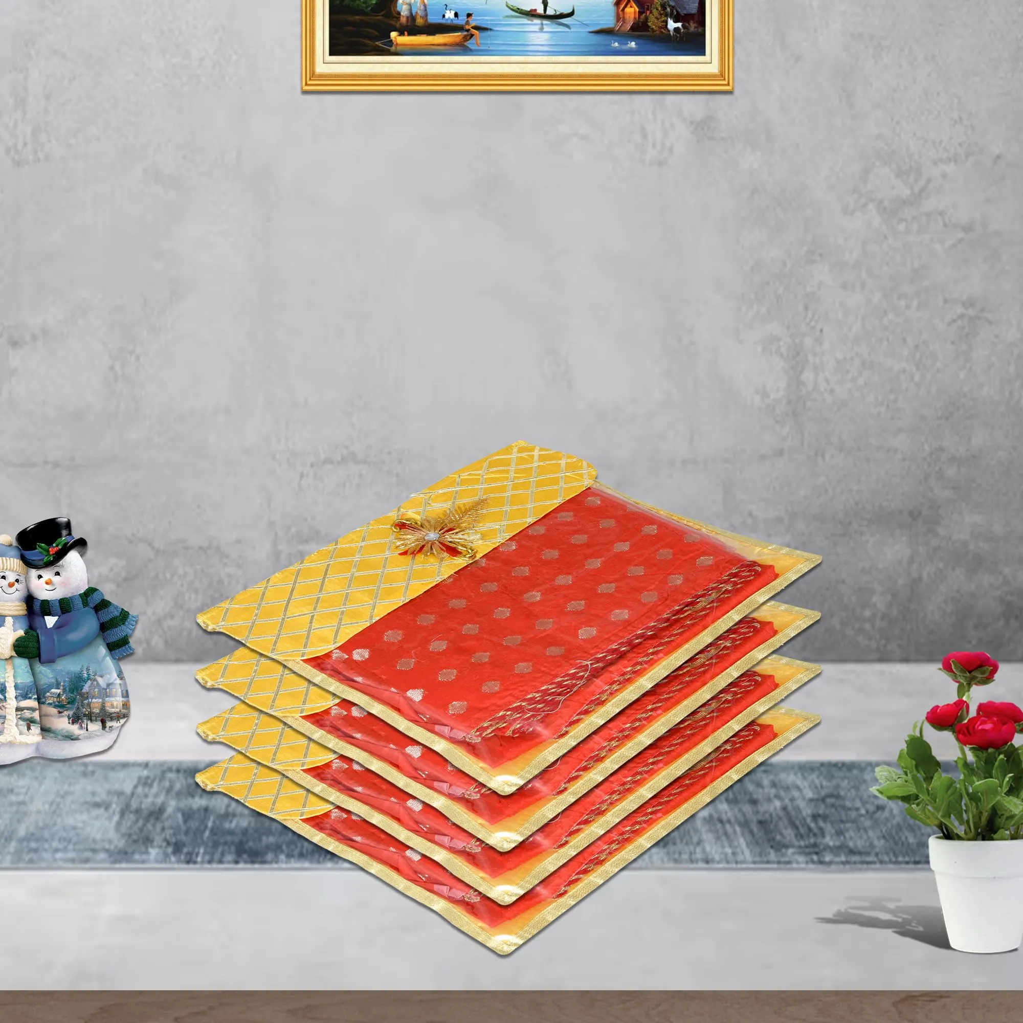 Kuber Industries Saree Cover | Clothes Storage Bag | Single Packing Saree with Velcro | Wardrobe Organizer | Cloth Stoarge Organizer | Check Jama Brooch-Design | Pack of 9 | Yellow