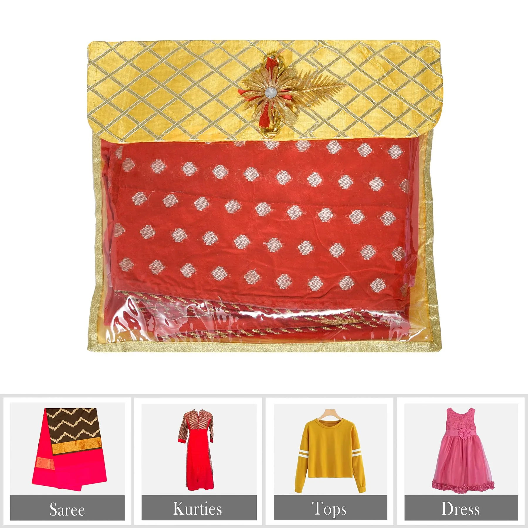 Kuber Industries Saree Cover | Clothes Storage Bag | Single Packing Saree with Velcro | Wardrobe Organizer | Cloth Stoarge Organizer | Check Jama Brooch-Design | Pack of 9 | Yellow