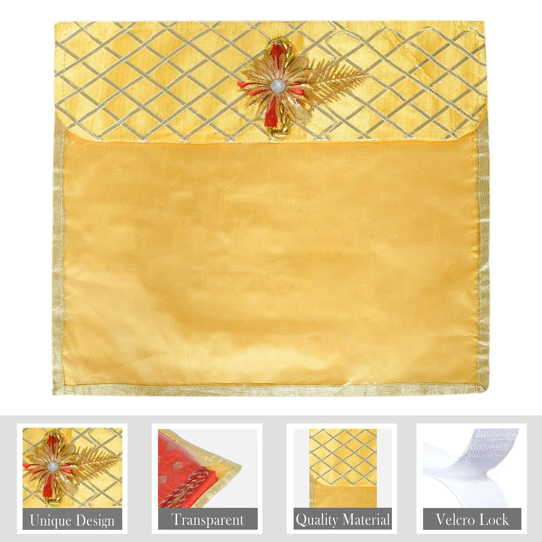 Kuber Industries Saree Cover | Clothes Storage Bag | Single Packing Saree with Velcro | Wardrobe Organizer | Cloth Stoarge Organizer | Check Jama Brooch-Design | Pack of 9 | Yellow