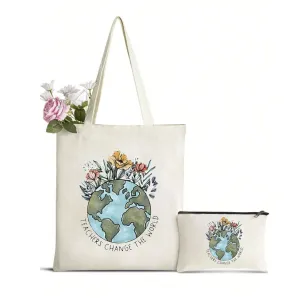 Letter Print Tote Bag With Makeup Bag, "Teachers change the world"