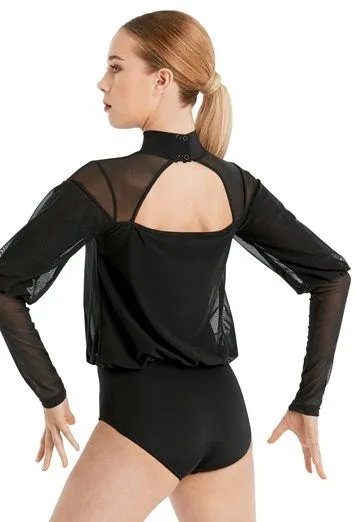 Long sleeve mesh top leotard - Black - SALE
