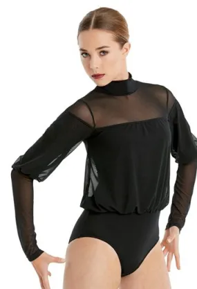 Long sleeve mesh top leotard - Black - SALE