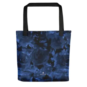 Navy Blue Tote Bag, Best Classic Royal Deep Blue Floral Print Designer 15" x 15" Square Tote Bag - Made in USA/EU