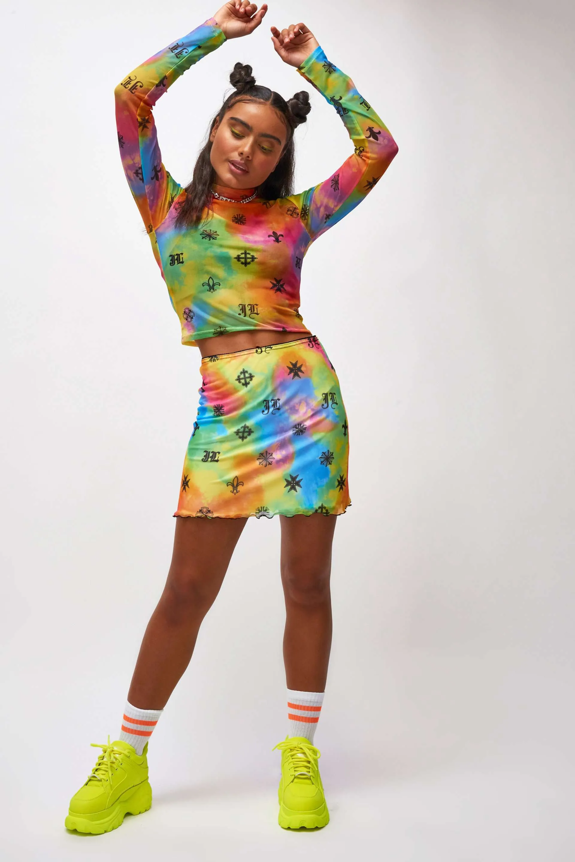 Neon Tie Dye Symbol Print Mesh Top