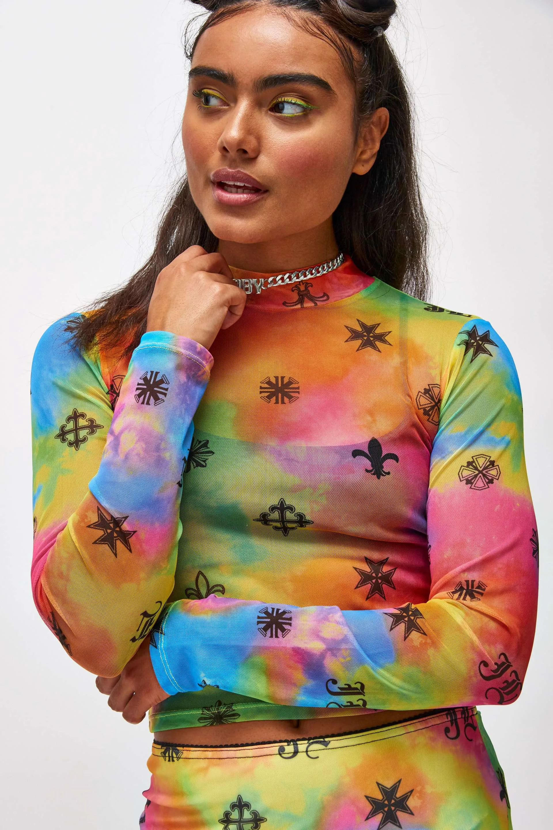 Neon Tie Dye Symbol Print Mesh Top